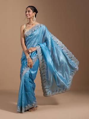 Blue gold crush embroidery & sequence work with all over butta and amazing arc cutting 2