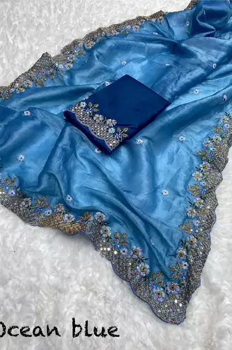 Blue gold crush embroidery & sequence work with all over butta and amazing arc cutting