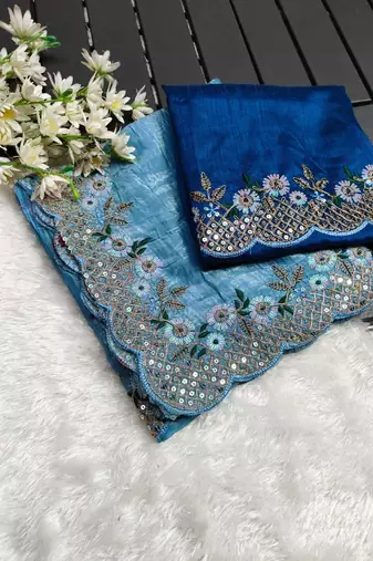 Blue gold crush embroidery & sequence work with all over butta and amazing arc cutting