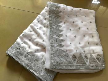 White Georgette Silver Zari With Embroidery And Stone Work  1