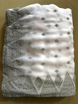 White Georgette Silver Zari With Embroidery And Stone Work  2