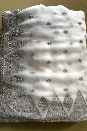 White Georgette Silver Zari With Embroidery And Stone Work 
