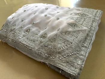 White Georgette Silver Zari With Embroidery And Stone Work  3