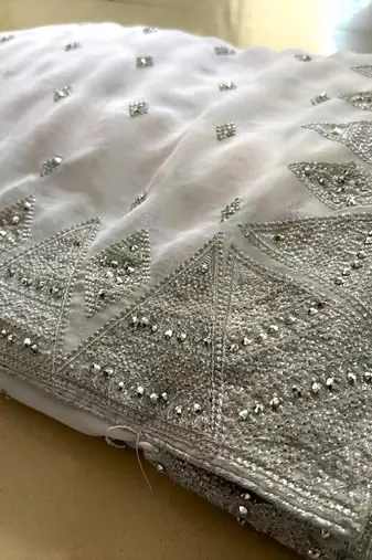 White Georgette Silver Zari With Embroidery And Stone Work 