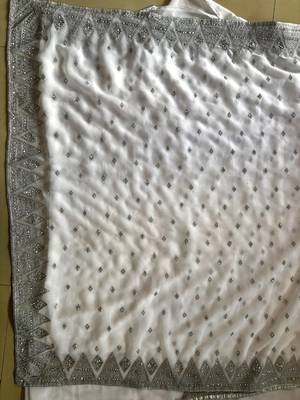 White Georgette Silver Zari With Embroidery And Stone Work  5