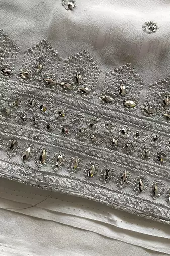 White Georgette Silver Zari With Embroidery And Stone Work 