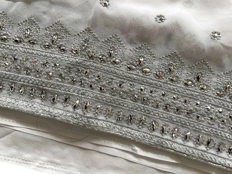 White Georgette Silver Zari With Embroidery And Stone Work 
