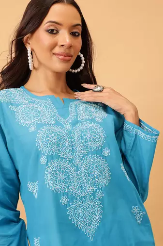 Women'S Hand Embroidered Blue Cotton Lucknowi Chikankari Kurta
