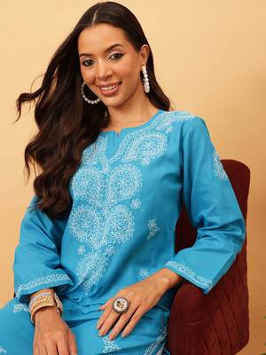 Women'S Hand Embroidered Blue Cotton Lucknowi Chikankari Kurta 6