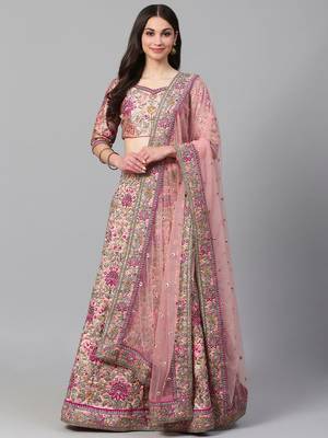 pastel pink embroidered taffeta bridal lehenga set choli with dupatta 1