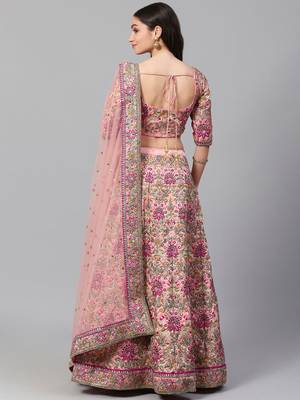 pastel pink embroidered taffeta bridal lehenga set choli with dupatta 4