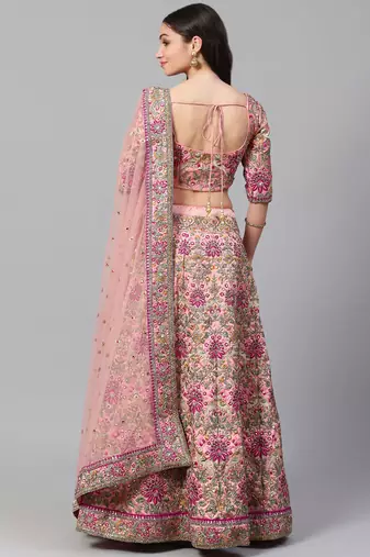 pastel pink embroidered taffeta bridal lehenga set choli with dupatta