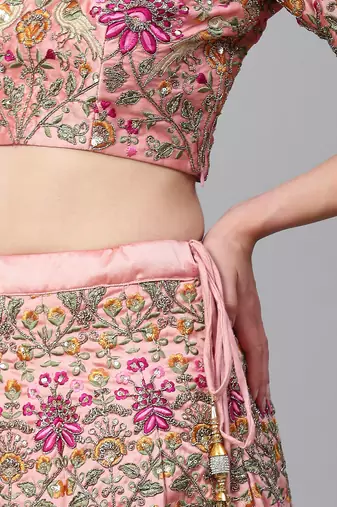 pastel pink embroidered taffeta bridal lehenga set choli with dupatta