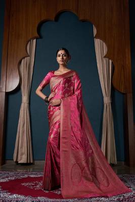 Onion Pink Zari Woven Banarasi Satin Silk Saree 1