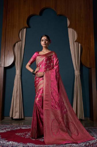 Onion Pink Zari Woven Banarasi Satin Silk Saree