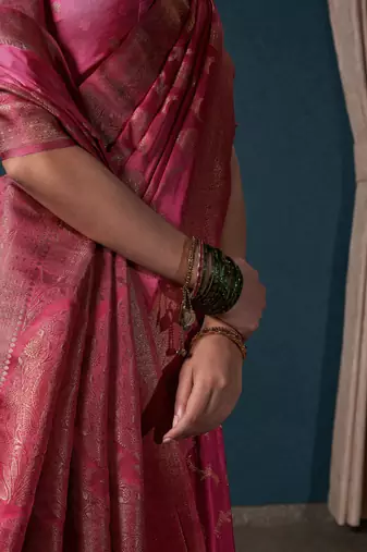 Onion Pink Zari Woven Banarasi Satin Silk Saree