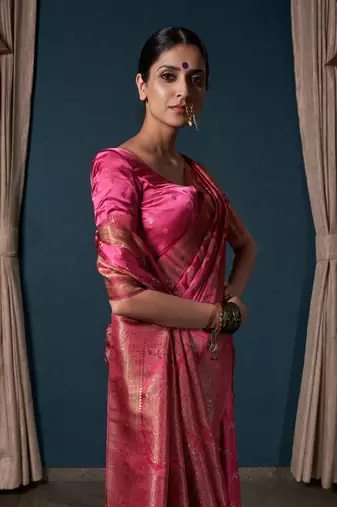 Onion Pink Zari Woven Banarasi Satin Silk Saree