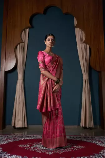 Onion Pink Zari Woven Banarasi Satin Silk Saree