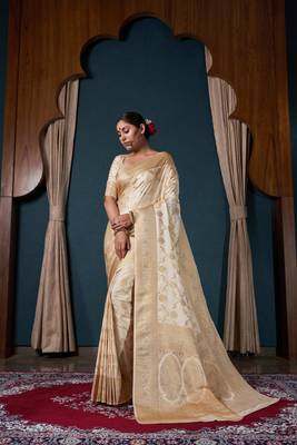 OFF White Zari Woven Banarasi Satin Silk Saree 1