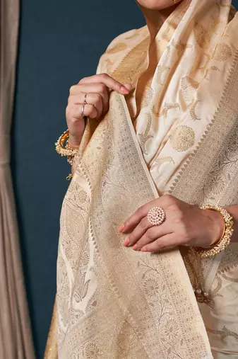 OFF White Zari Woven Banarasi Satin Silk Saree
