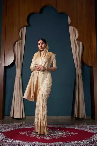 OFF White Zari Woven Banarasi Satin Silk Saree