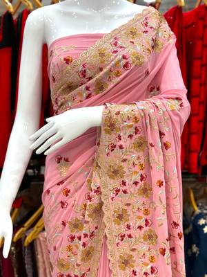 Pink Georgette Saree With Thread Work 1