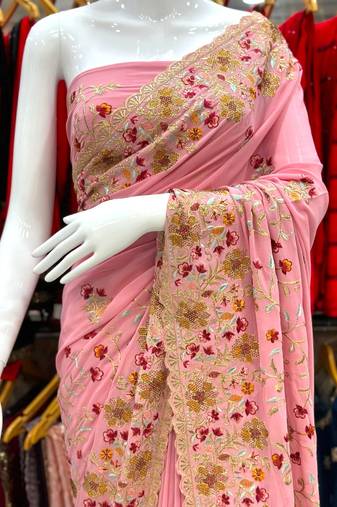 Pink Georgette Saree With Thread Work