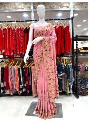 Pink Georgette Saree With Thread Work 2