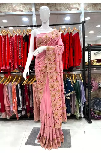 Pink Georgette Saree With Thread Work