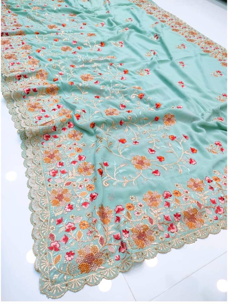 Blue Georgette Saree With Thread Work
