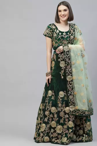 Lovely Dark Green Zari Embroidered Velvet Lehenga Choli With Dupatta