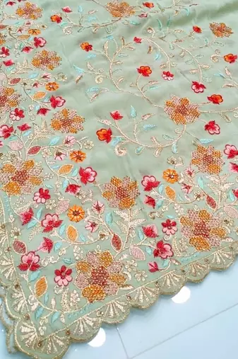 Olive Georgette Saree With Thread Work