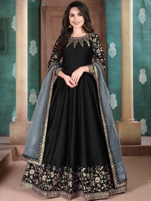 Black Slub Silk Embroidered Wedding Wear Designer Anarkali Suit 1