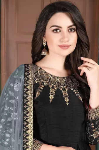 Black Slub Silk Embroidered Wedding Wear Designer Anarkali Suit