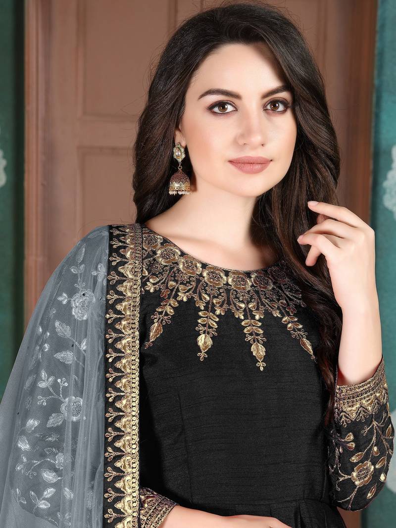 Black Slub Silk Embroidered Wedding Wear Designer Anarkali Suit