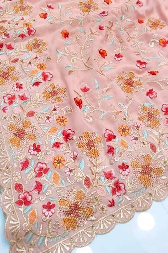 Peach Georgette Saree With Thread Work