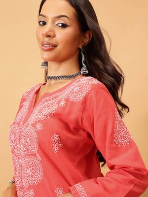 Hand Embroidered Coral Red Cotton Lucknow Chikankari Women Kurti 6