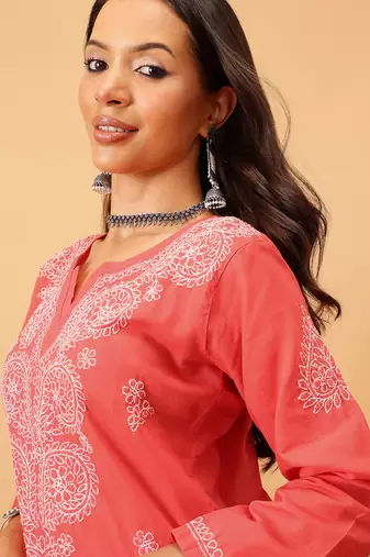 Hand Embroidered Coral Red Cotton Lucknow Chikankari Women Kurti
