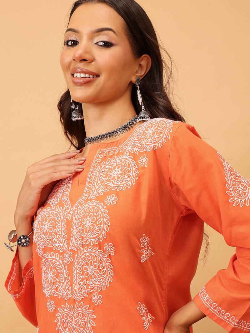 Hand Embroidered Rust Cotton Lucknow Chikankari Indian Women Kurta