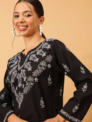 Cotton Black Embroidered Chikankari Quarter Sleeve Stitched Women Short Kurti 6