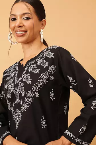 Cotton Black Embroidered Chikankari Quarter Sleeve Stitched Women Short Kurti