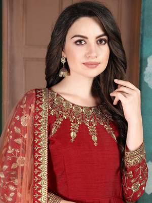 Red Slub Silk Anarkali Suit for Women 2