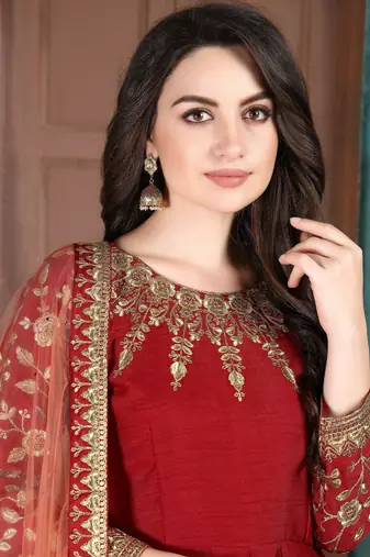Red Slub Silk Anarkali Suit for Women