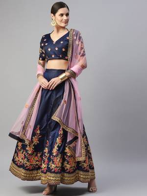 blue floral embroidered silk wedding lehenga set choli with dupatta 2