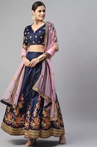 blue floral embroidered silk wedding lehenga set choli with dupatta