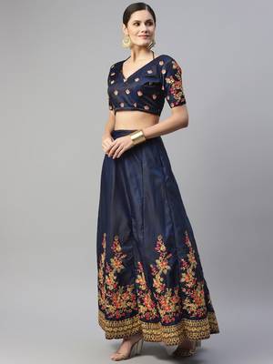blue floral embroidered silk wedding lehenga set choli with dupatta 3
