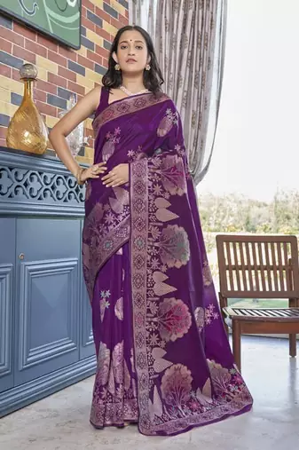 Wine Faux Banarasi Silk Woven Traditional Saree