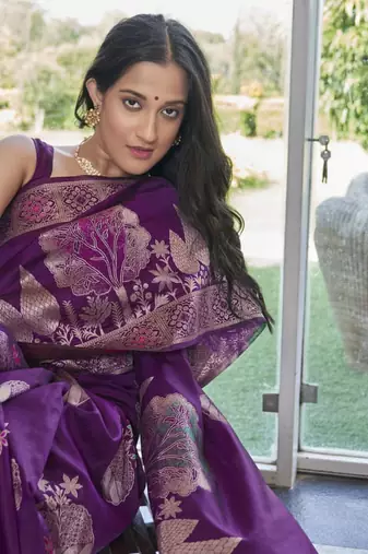 Wine Faux Banarasi Silk Woven Traditional Saree