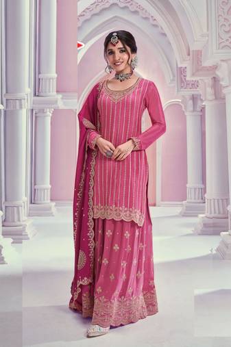 Dark pink chinon heavy embroidery wedding palazzo suits