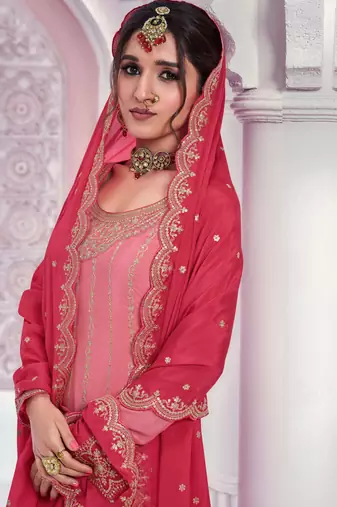 Dark pink chinon heavy embroidery wedding palazzo suits